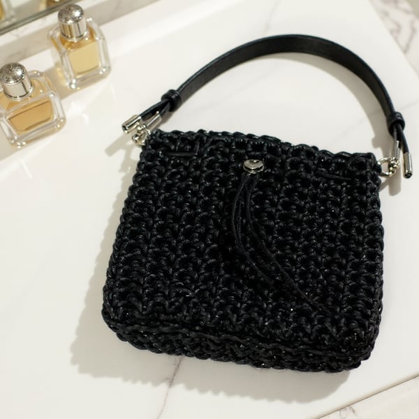 Crochet Black Leather Look yarn Handbag 