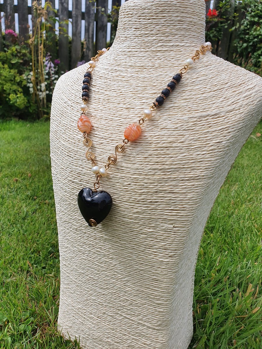  Goth Black Heart Glass Necklace