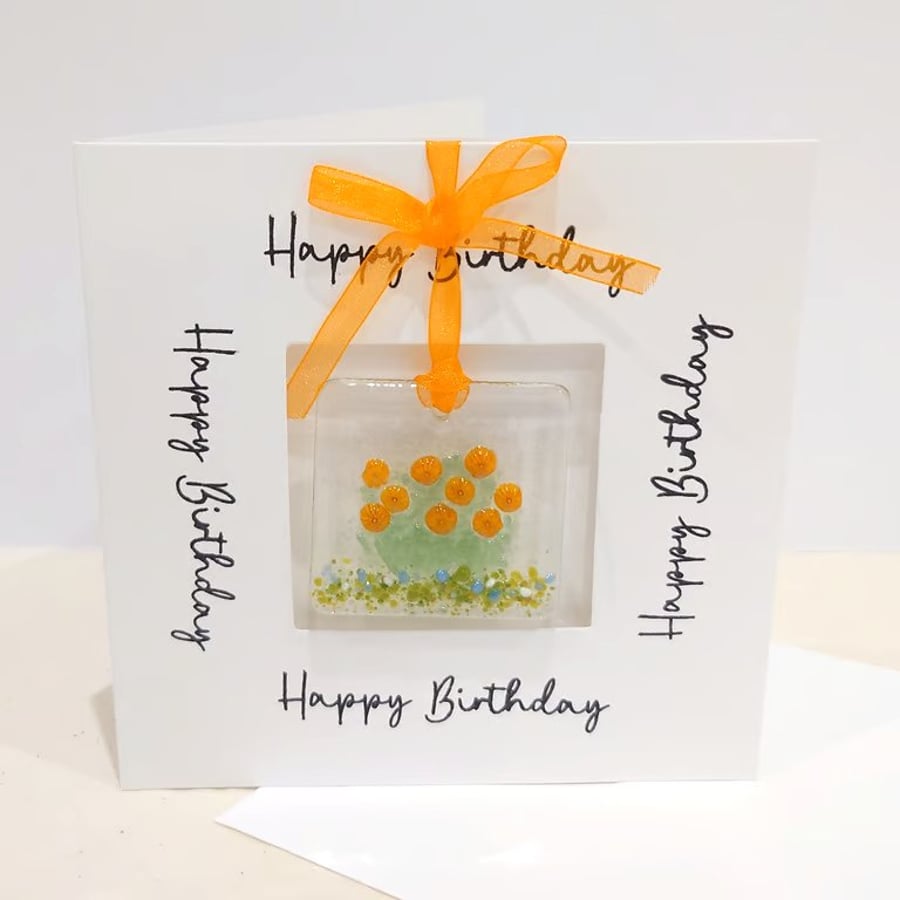 Fused Glass Marigolds Birthday Card - October Birth Flower
