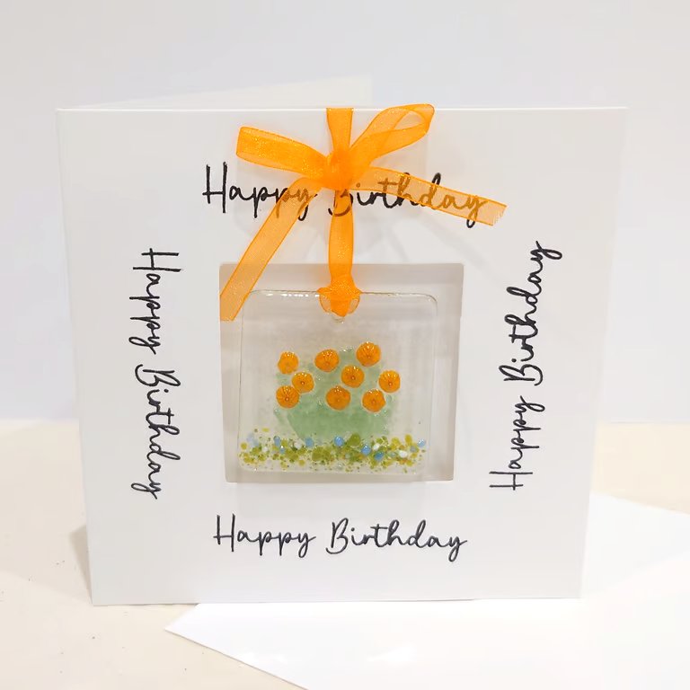 Fused Glass Marigolds Birthday Card - October Birth Flower
