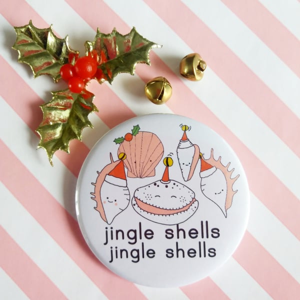 jingle shells christmas badge, handmade christmas pin badge, christmas gift
