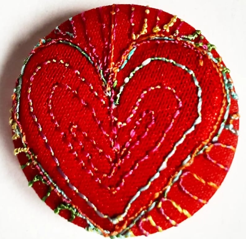 One Inch Badge Heart Fabric Badge with Free Machine Embroidery 