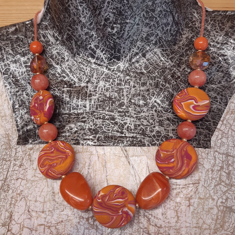 Orange and hot pink polymer clay necklace