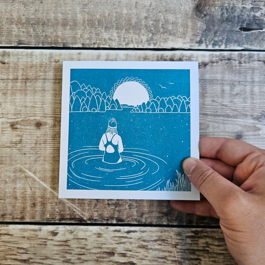 Sunrise swimmer- Single square greetings card inspired by wild swimming 