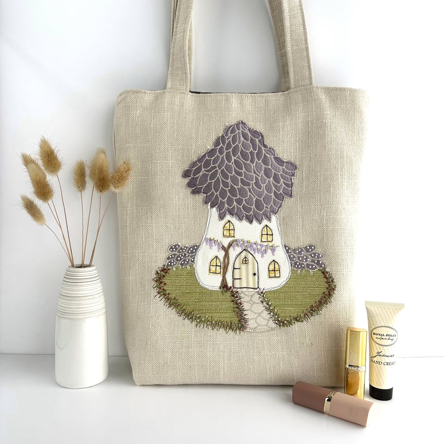 Wisteria Fairy House Tote Bag, Cream Bag with Fairy House Applique
