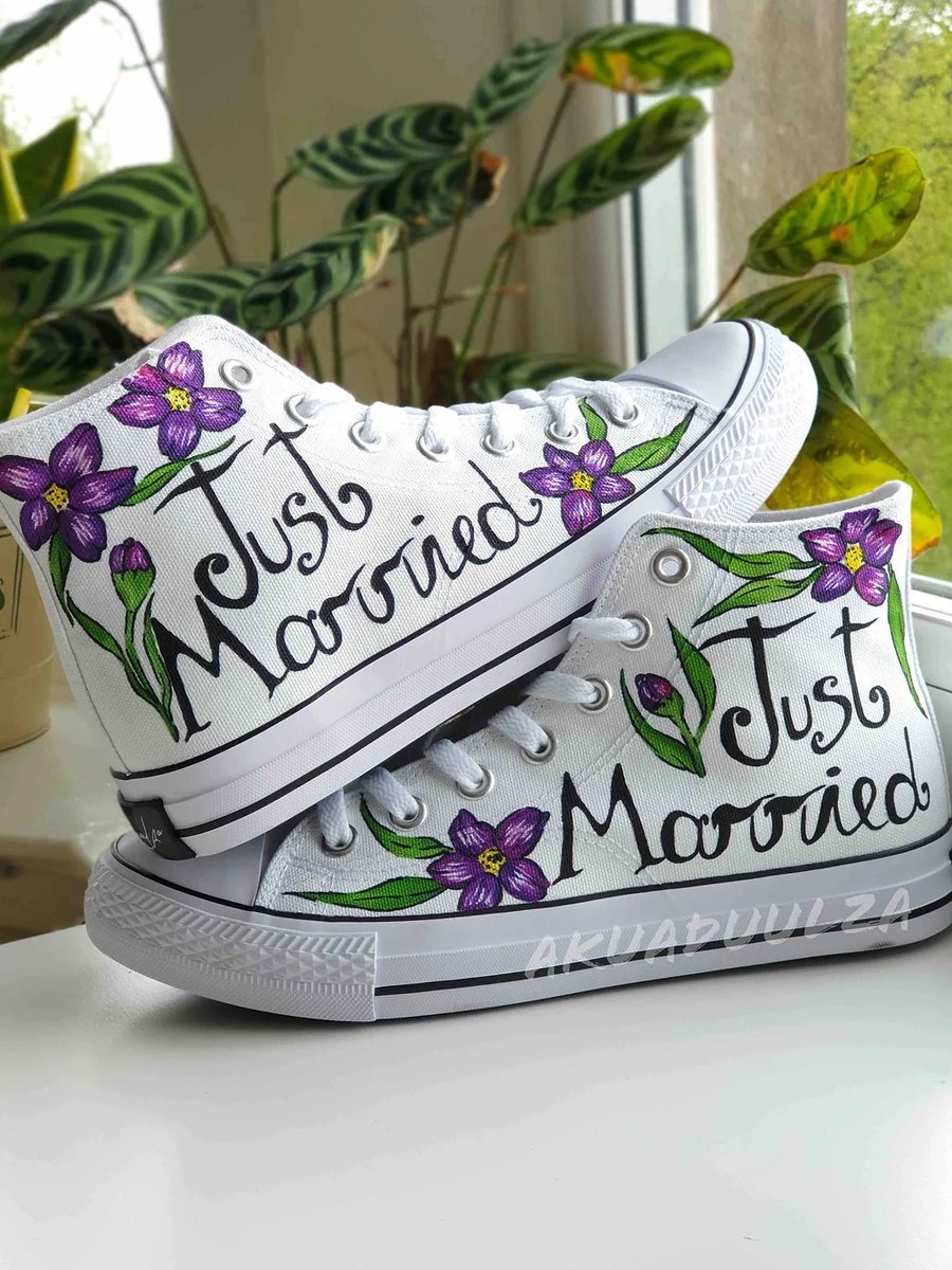 Purple flowers Wedding shoes, Bridal Just Married Shoes, Hand painted shoes