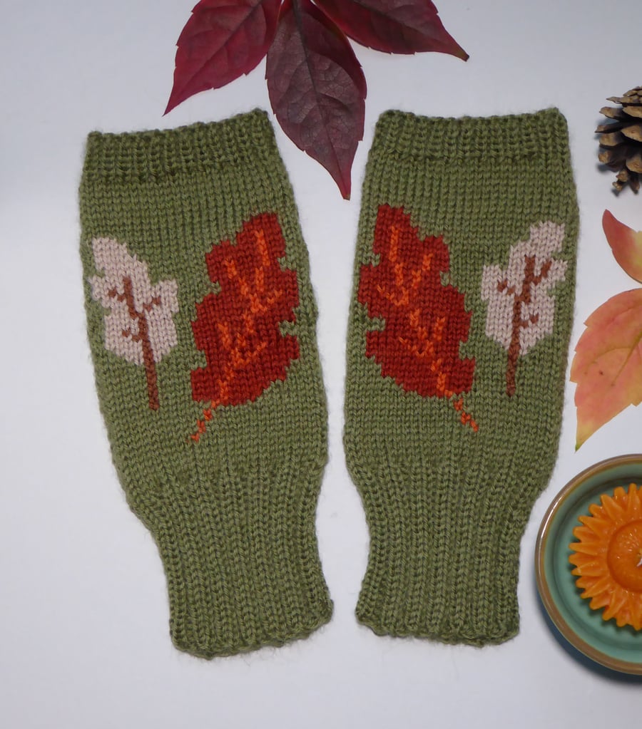 Autumn Leaves Fingerless Gloves knitted in green wool, wrist warmers handmade
