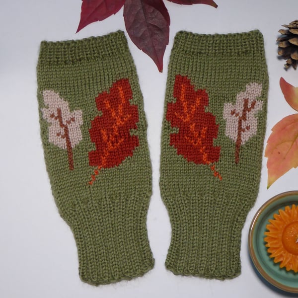 Autumn Leaves Fingerless Gloves knitted in green wool, wrist warmers handmade