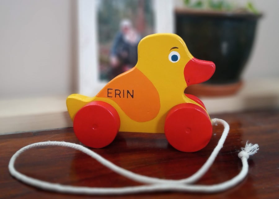 Pull along wooden Duck toy. can be personalised. gift for boy or girl