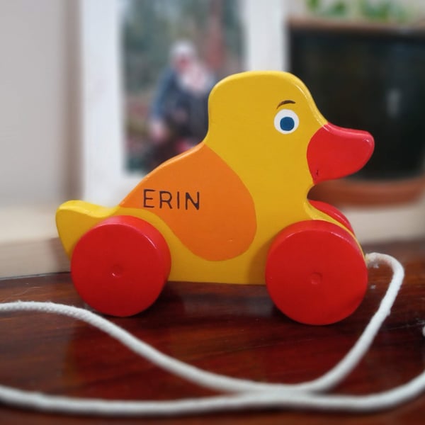 Pull along wooden Duck toy. can be personalised. gift for boy or girl