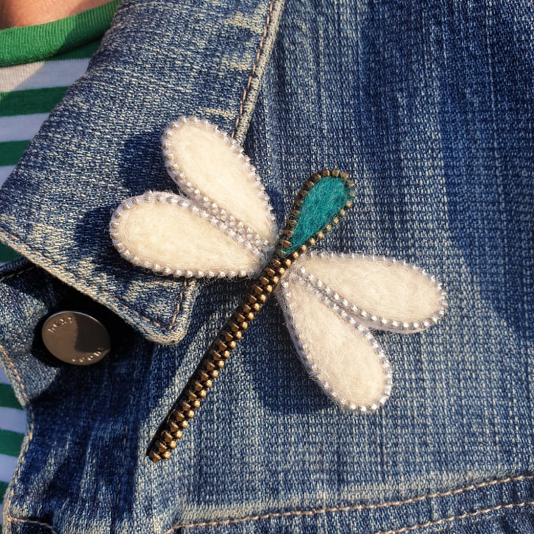 Hand Felted Dragonfly Brooch With Zip Edge Outline