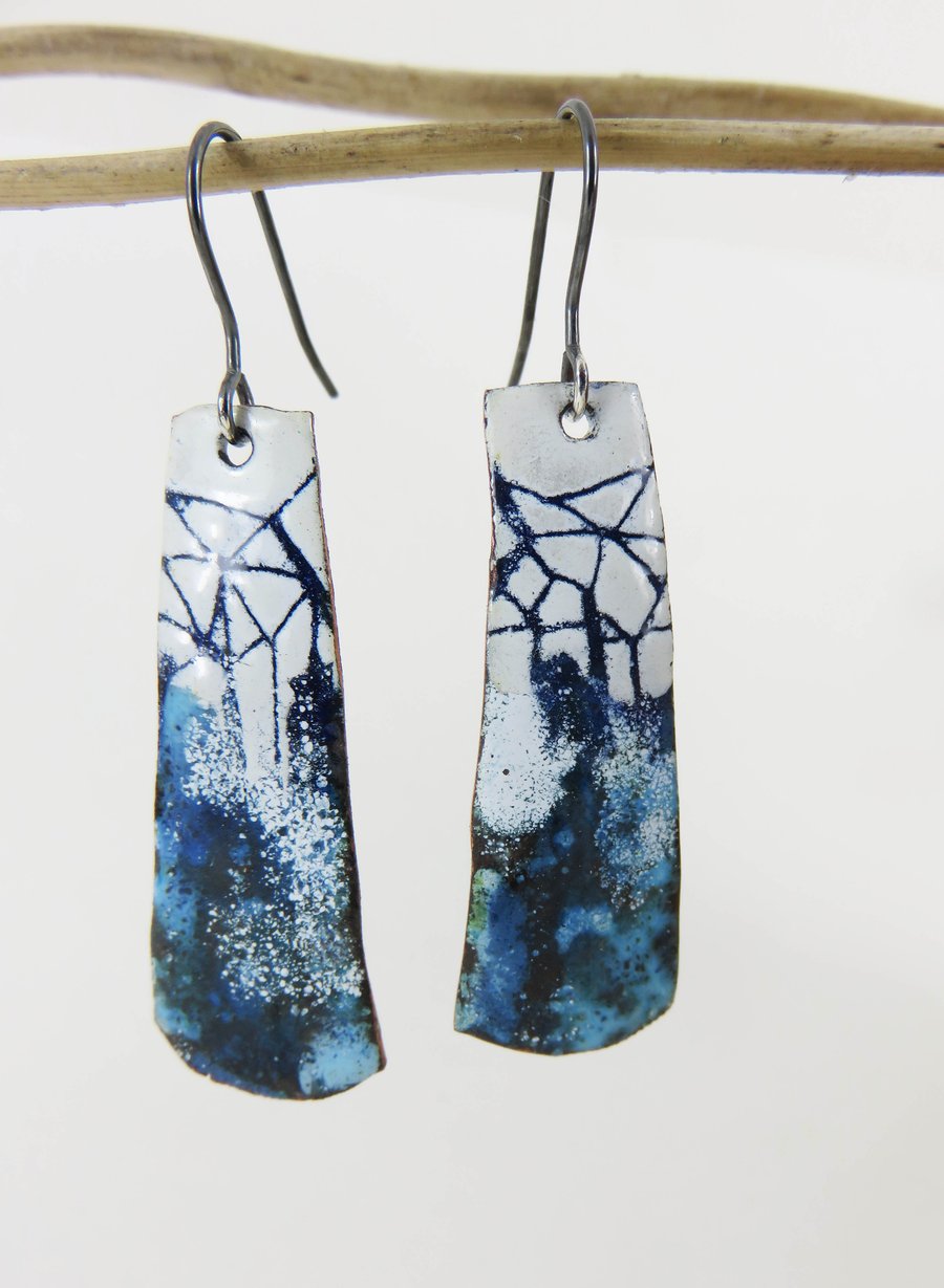 Dangle Copper Enamel Earrings with Mixed Enamels and Hand Drawn Detail