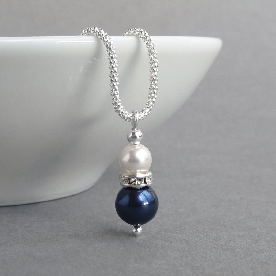 Navy Pearl and Crystal Necklace - Dark Blue Drop Peandant - Wedding Jewellery