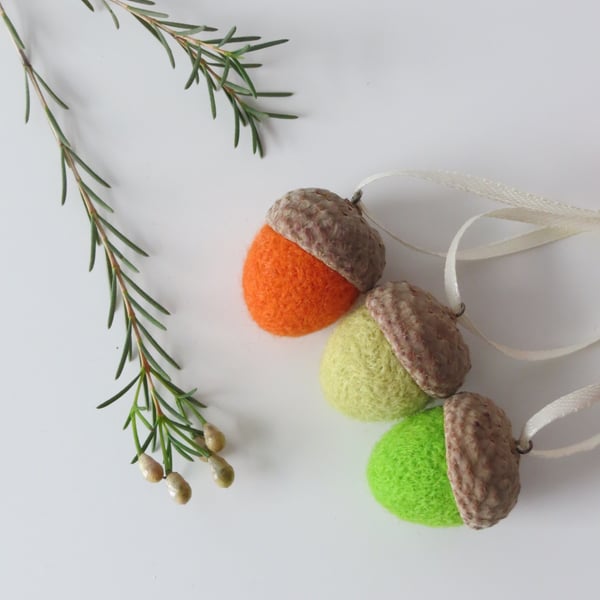 Set of 3 Needle Felted Acorns (Large) Hanging Decorations