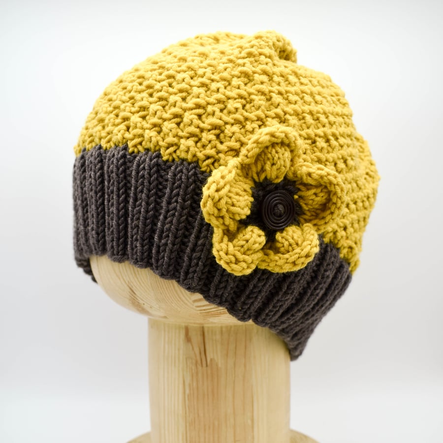 SOLD - Hand Knitted daisy beanie hat in ochre and brown - Adult Large