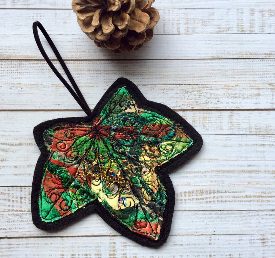 Embroidered up-cycled leaf home decoration. 