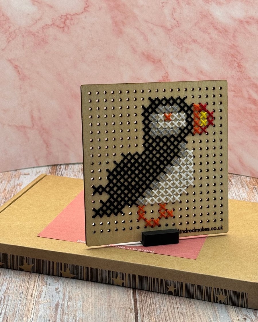 Puffin Cross Stitch - DIY Kit, Wooden display