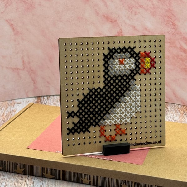 Puffin Cross Stitch - DIY Kit, Wooden display