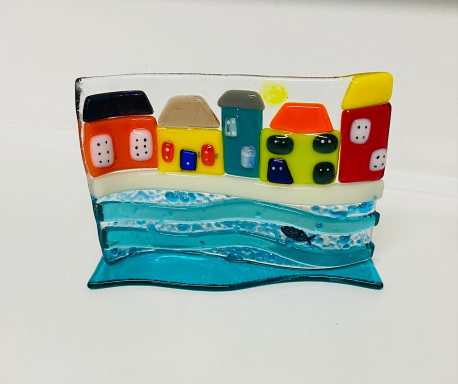Coastal houses fused glass stand up wave ornament 