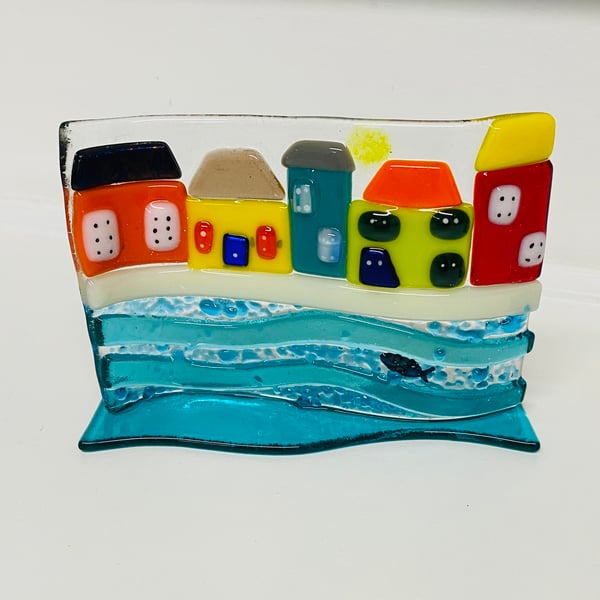 Coastal houses fused glass stand up wave ornament 