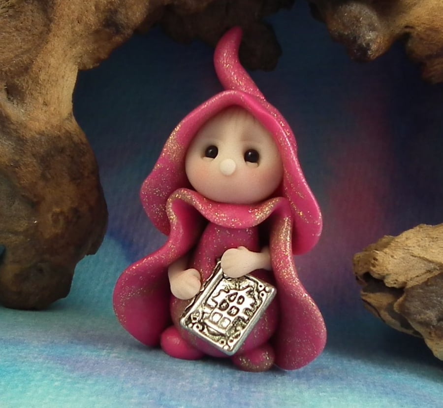 Tiny Library Gnome 'Krista' with silver book OOAK Sculpt by Ann Galvin