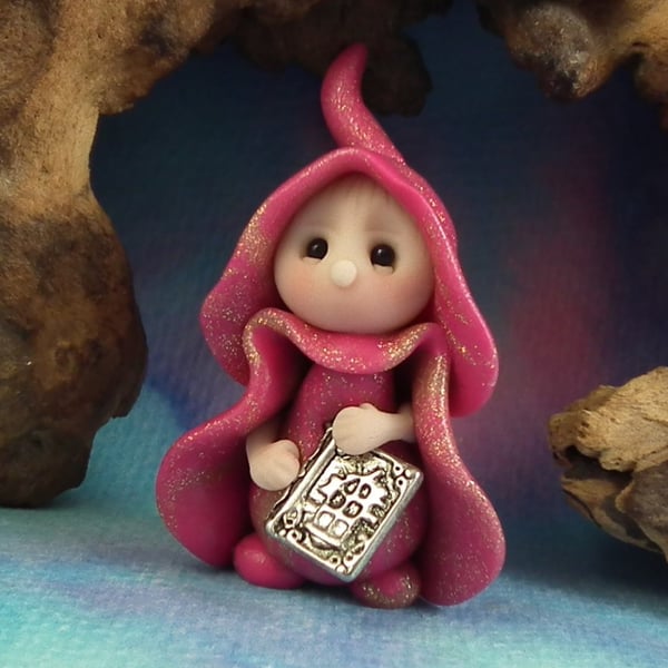 Tiny Library Gnome 'Krista' with silver book OOAK Sculpt by Ann Galvin