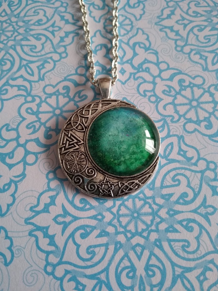 OOAK Green Wax Cabochon Pendant in Celtic Moon style setting