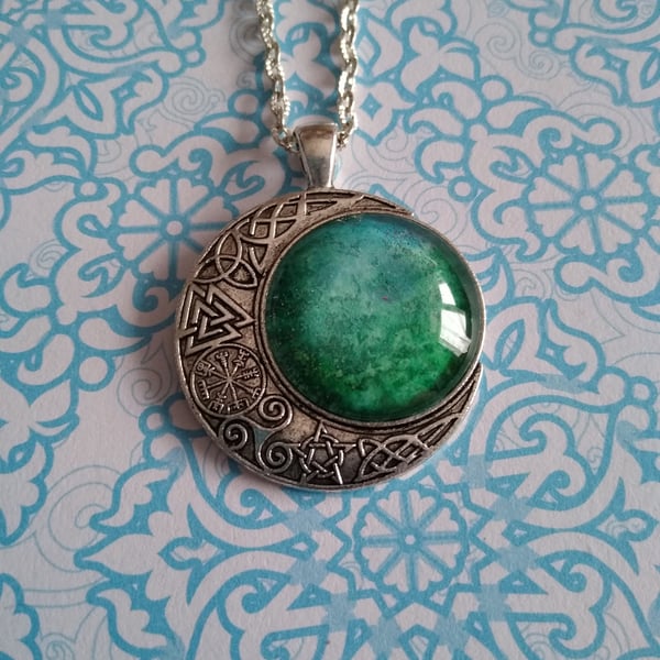 OOAK Green Wax Cabochon Pendant in Celtic Moon style setting