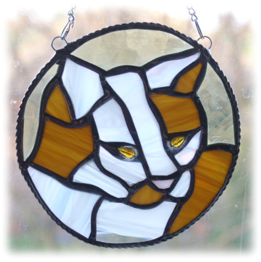 Cat Suncatcher Stained Glass Ring White and Ginger