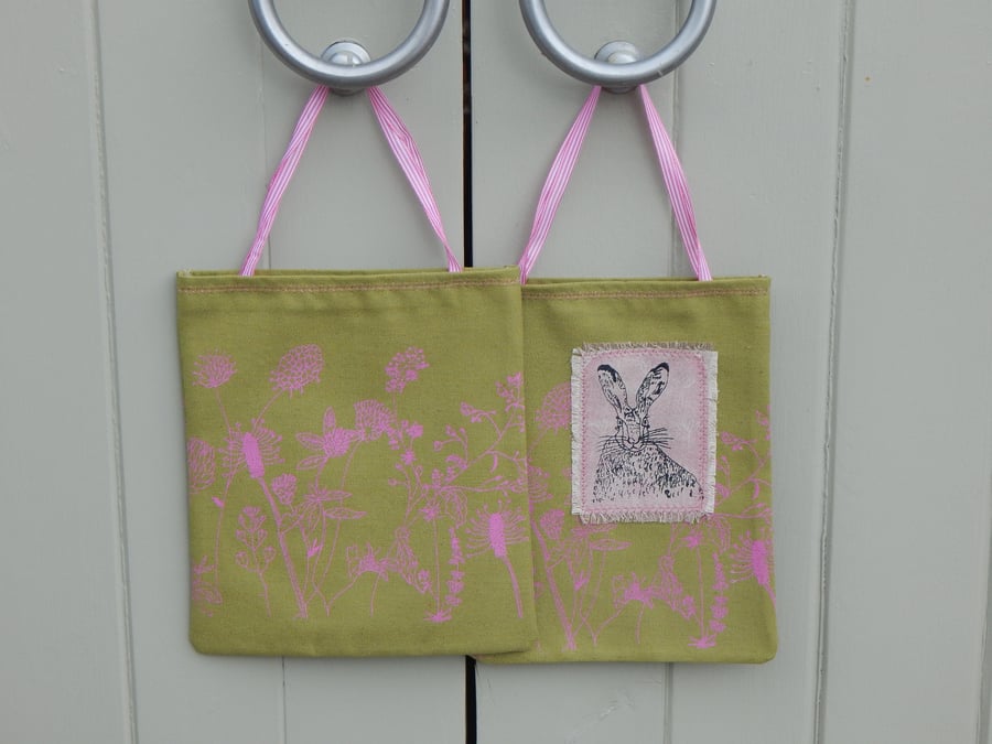 Hare  - Green Cotton Screen printed bag 22x28cm