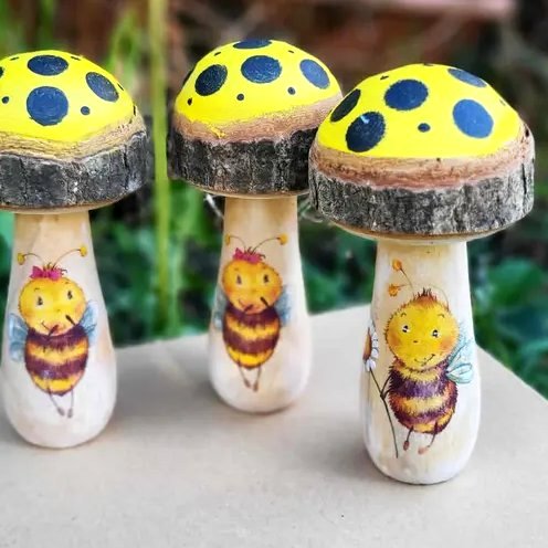 Wooden Toadstool with Bee Illustration,Fairy Tale Nursery Decor,mushroom decor