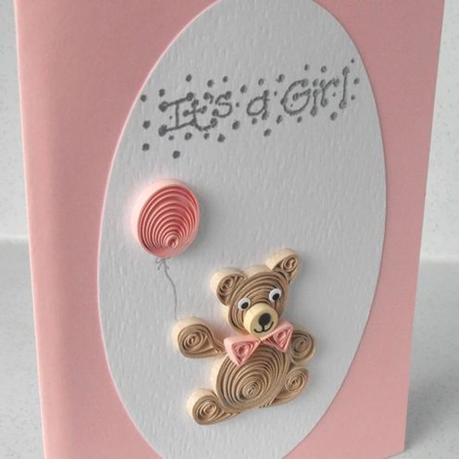 Quilled new baby girl birth congratulations card