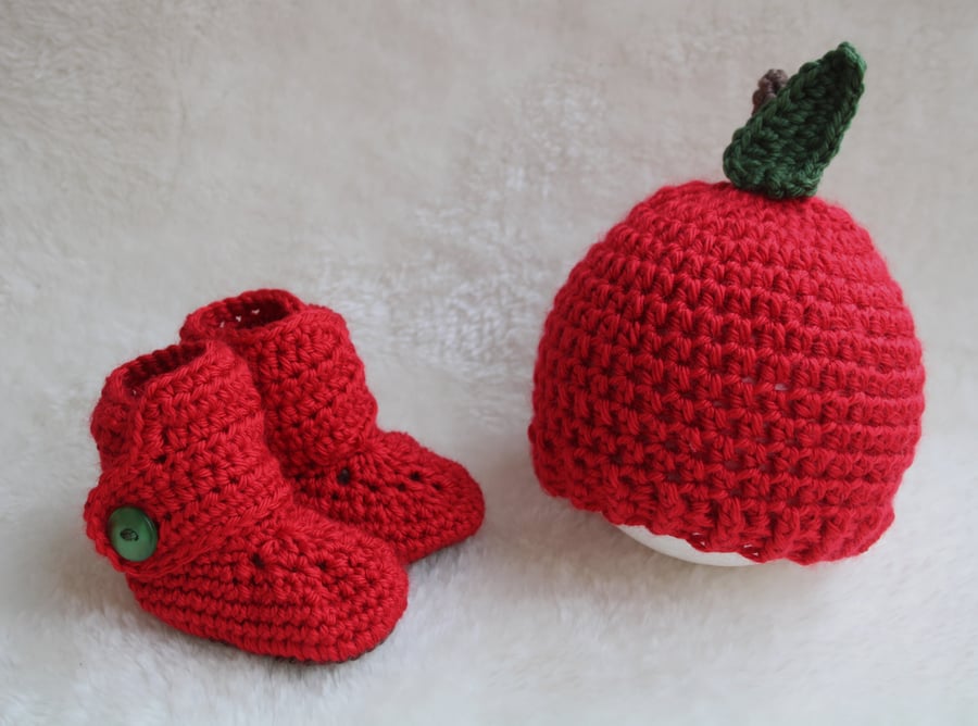 Apple Beanie Hat and Boots Set - Baby Gift Set - Red Apple Hat for Photos 