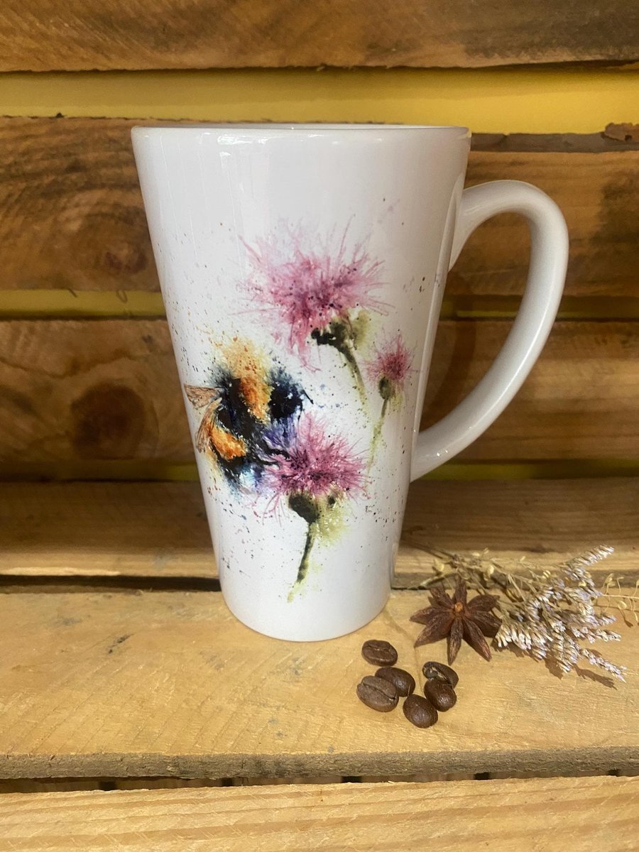 Bumblebee Latte Mug, 17oz Ceramic Coffee Mug, Colourful Wildlife Art Mugs by Wat