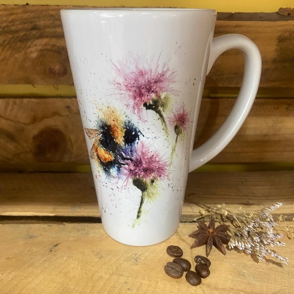 Bumblebee Latte Mug, 17oz Ceramic Coffee Mug, Colourful Wildlife Art Mugs by Wat
