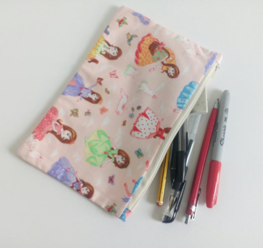 Princess Pencil case, zipper pouch, lined cotton bag, back to school, drawing