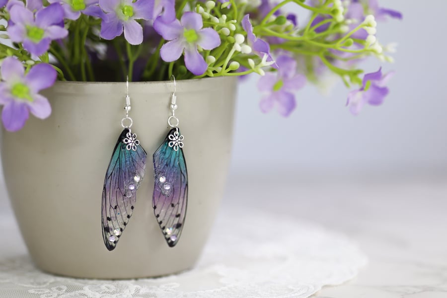Fairy Wing Earrings - Butterfly Cicada - Purple Blue - Fairycore - Gift - Boho