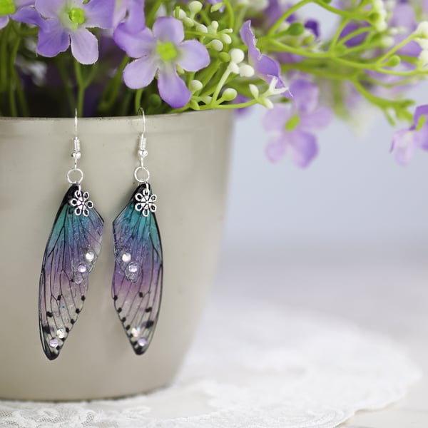 Fairy Wing Earrings - Butterfly Cicada - Purple Blue - Fairycore - Gift - Boho