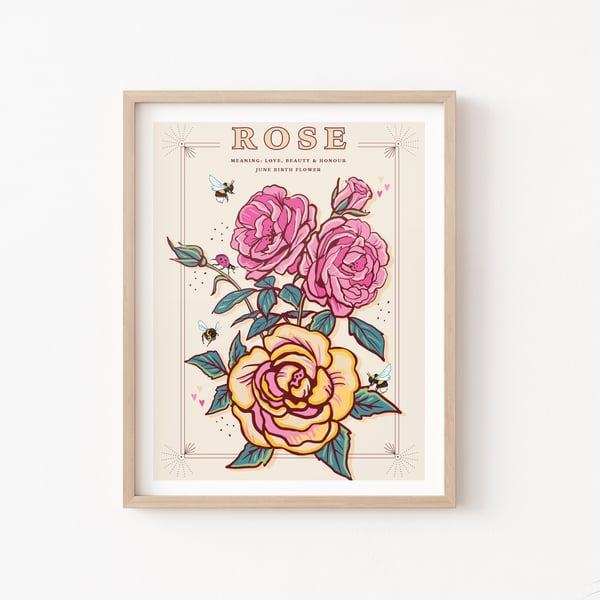 Rose, June Birth Flower, Language of Flowers Illustration Print