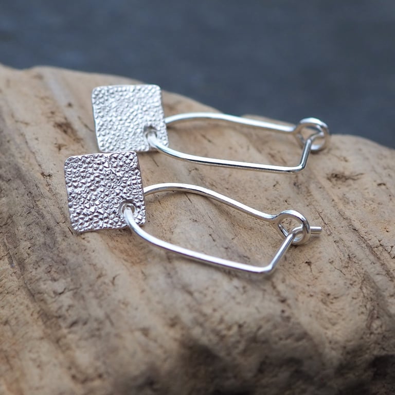 Silver Textured Square Dangle Drop Earrings. Modern, Comfortable, Handmade