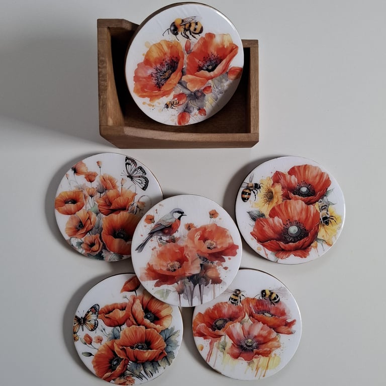 Red Poppy Drink Coasters with Holder, Set of 6, Housewarming Floral Gift