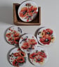 Red Poppy Drink Coasters with Holder, Set of 6, Housewarming Floral Gift