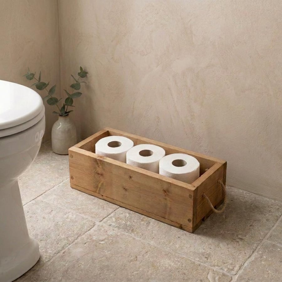 Wooden Toilet Roll Storage Box Rustic Bathroom Crate for 3 Rolls Long Trough wit