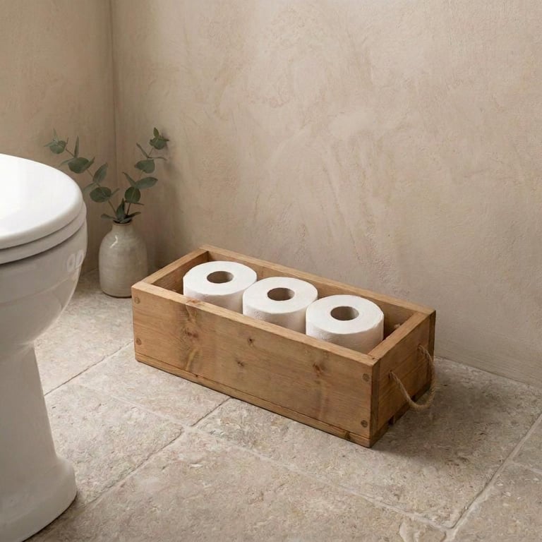 Wooden Toilet Roll Storage Box Rustic Bathroom Crate for 3 Rolls Long Trough wit