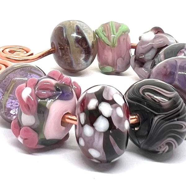 Artisan Lampwork Glass Beads – Twilight Garden & Midnight Floral Set