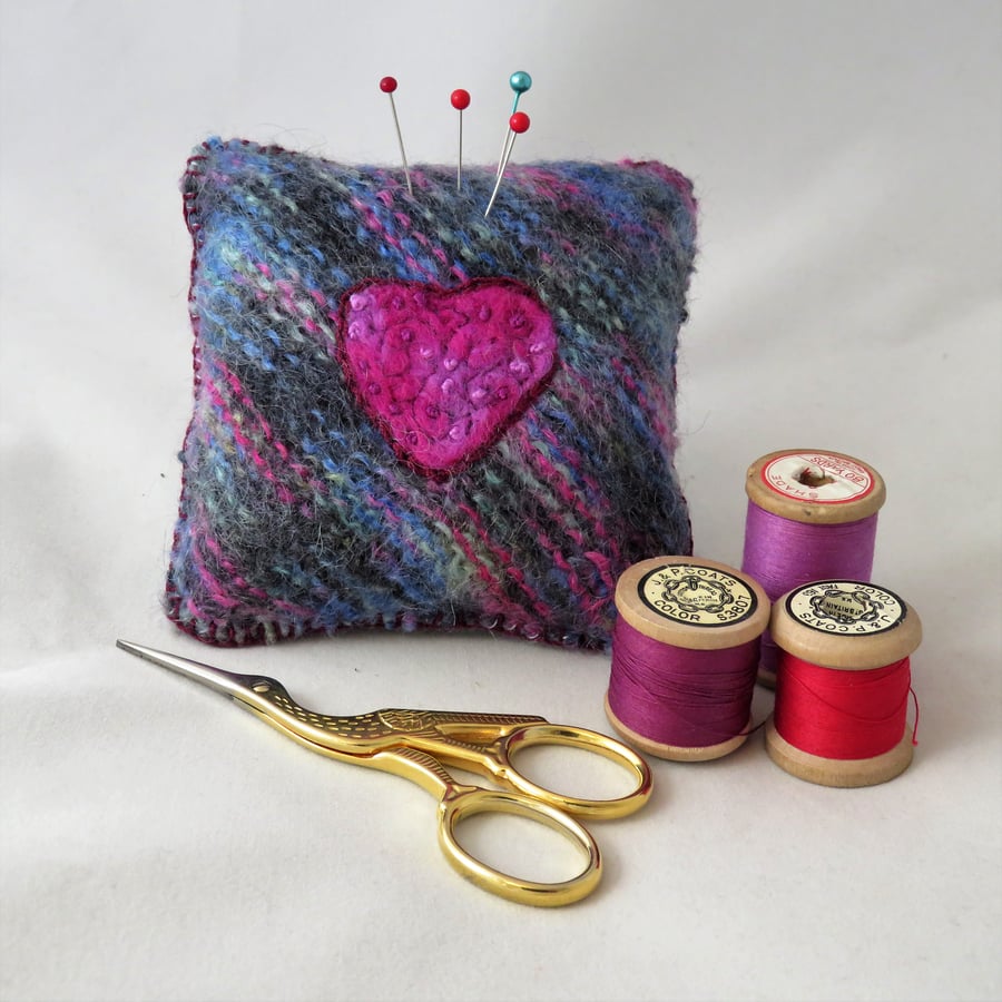 Heart Motif Pincushion - knitted, felted and embroidered