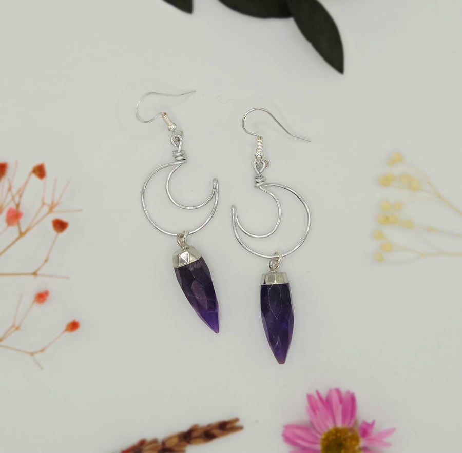 Handmade Sterling Silver Crescent Moon Earrings with Amethyst Crystal Points