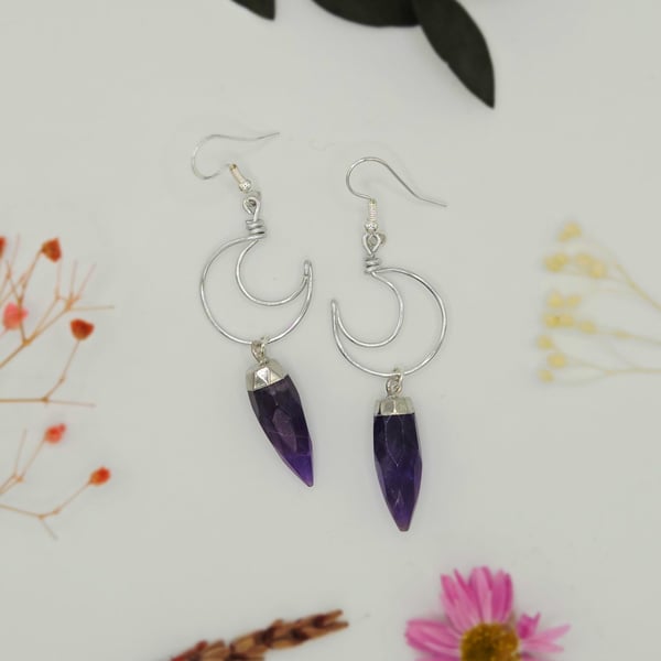 Handmade Sterling Silver Crescent Moon Earrings with Amethyst Crystal Points