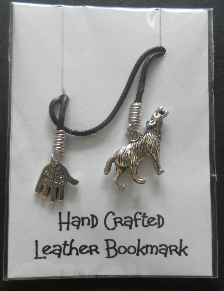 SALE - Bookmark, Leather thong and howling wolf charm