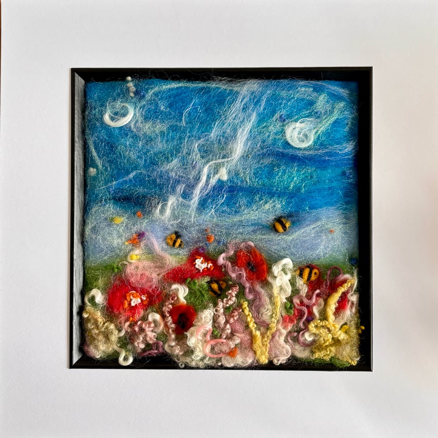 'A Soft Summers Breeze' Needle felted picture with bees and poppies